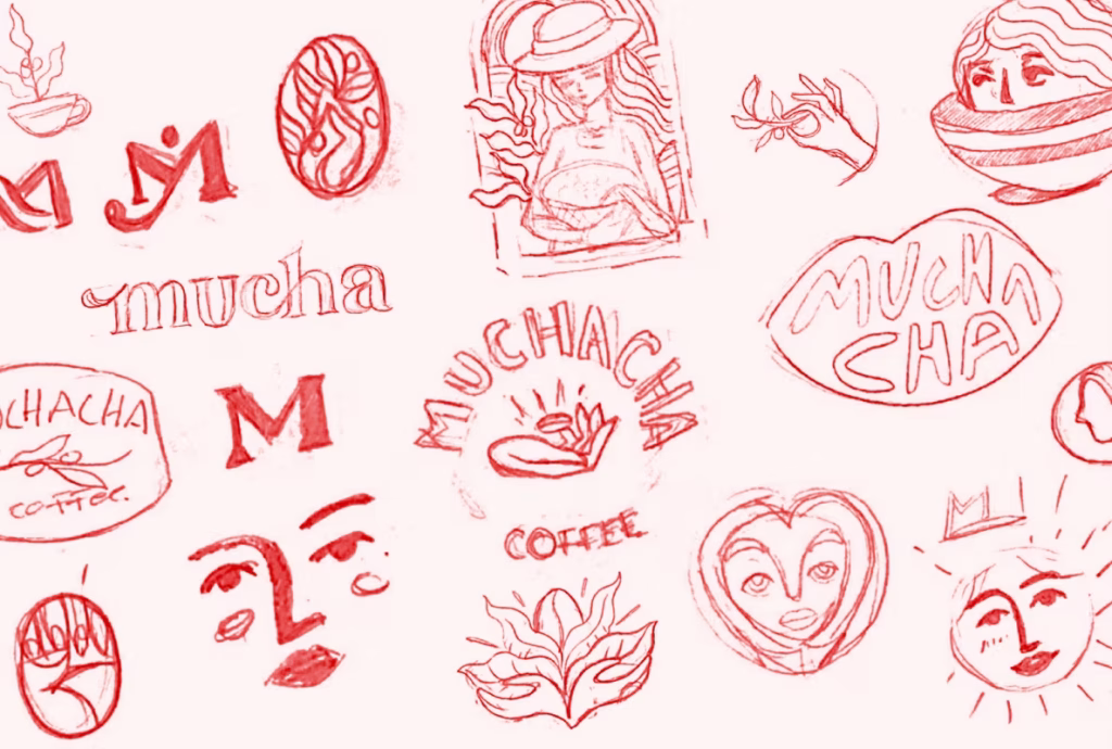 Bocetos de logos e ilustraciones relacionados con el café Muchacha