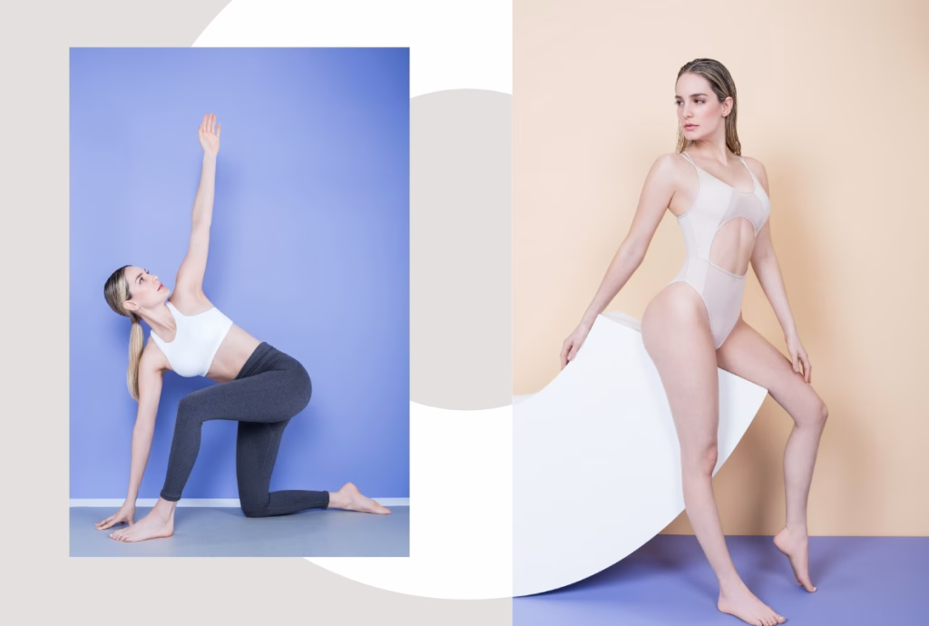 Fotografías de mujer estirando y con un vestido de baño