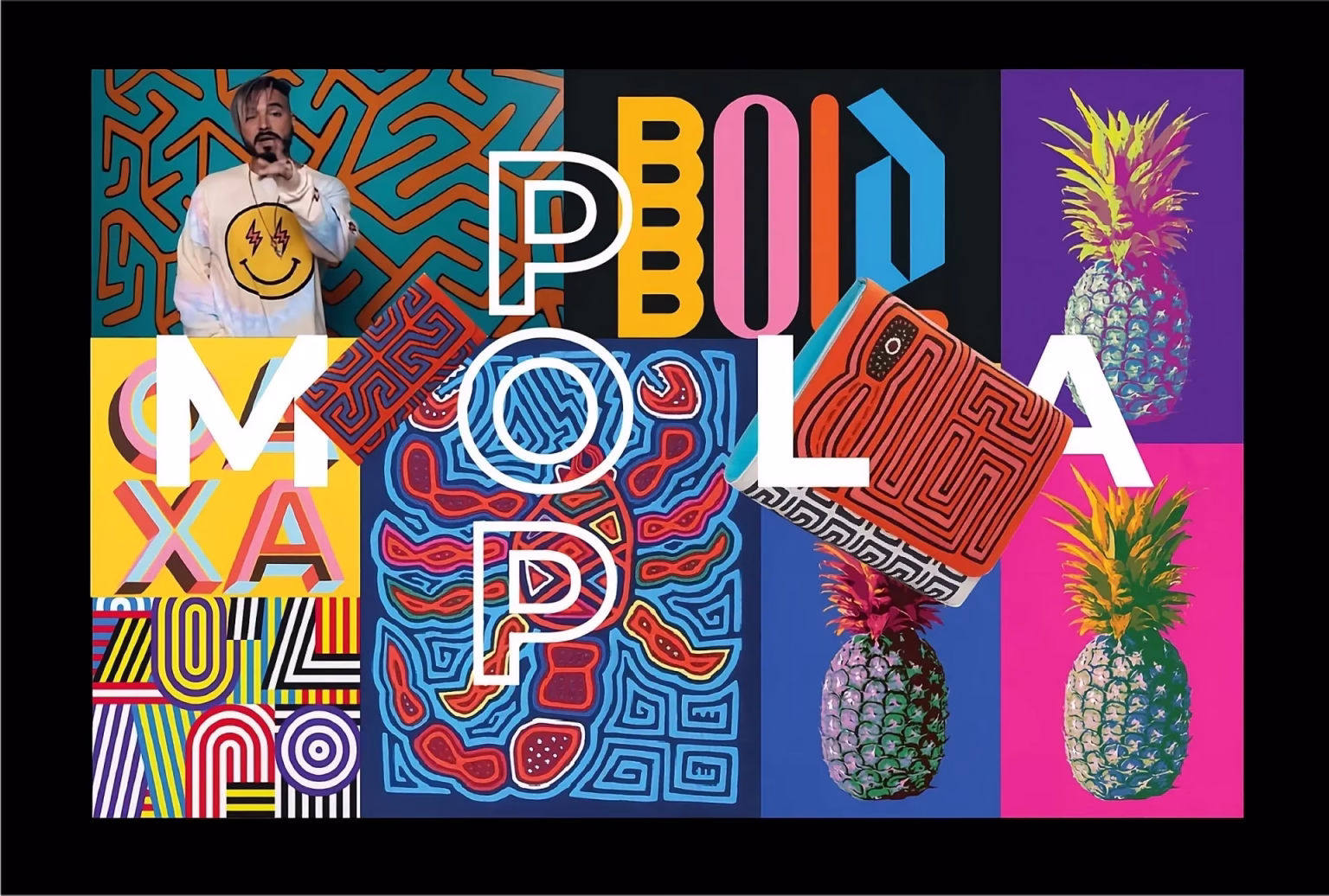 Collage de imágenes estilo pop art y el video musical "Mi gente"