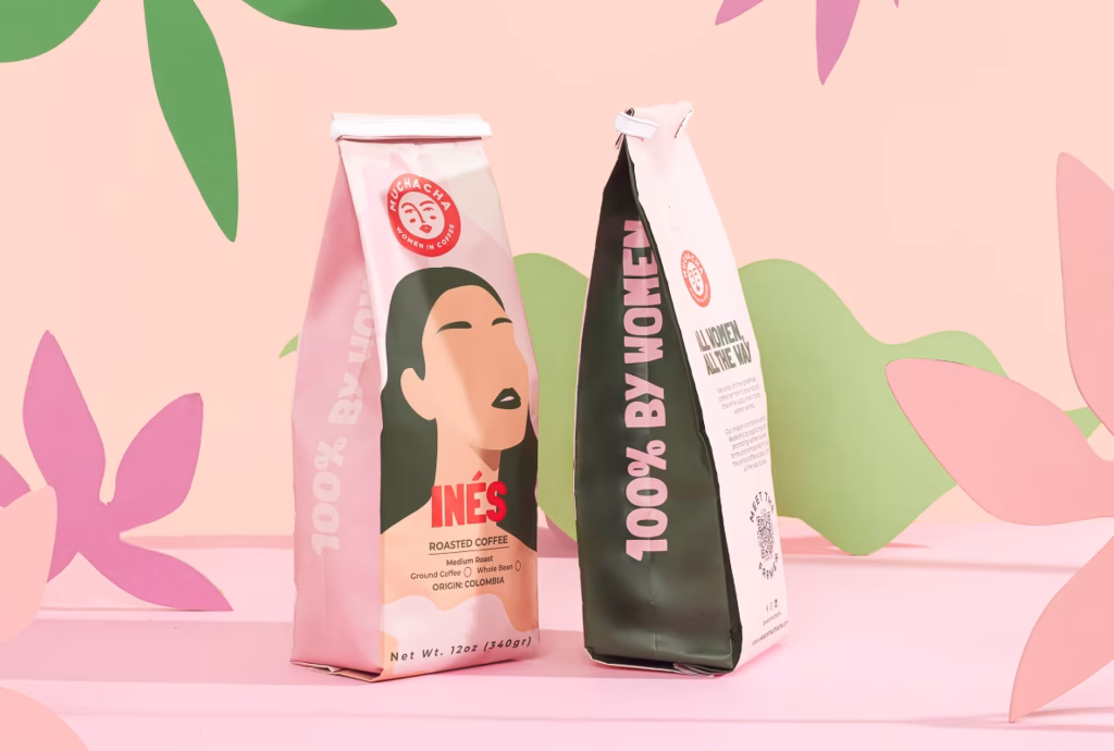 Empaque de café con ilustración de una mujer