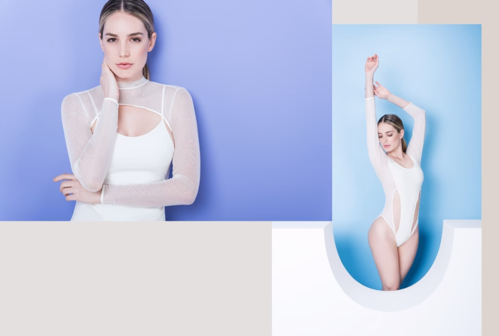 Fotografías de modelo posando con vestido de baño blanco