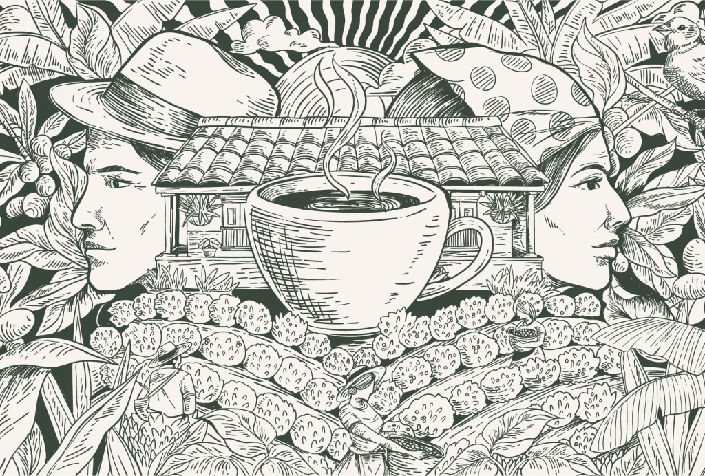 Ilustración de finca de café con campesinos para Cafetal