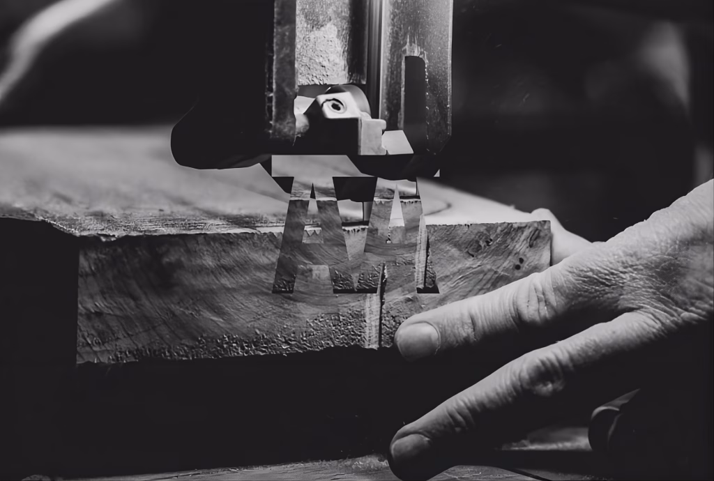Fotografía en blanco y negro de máquina cortando madera